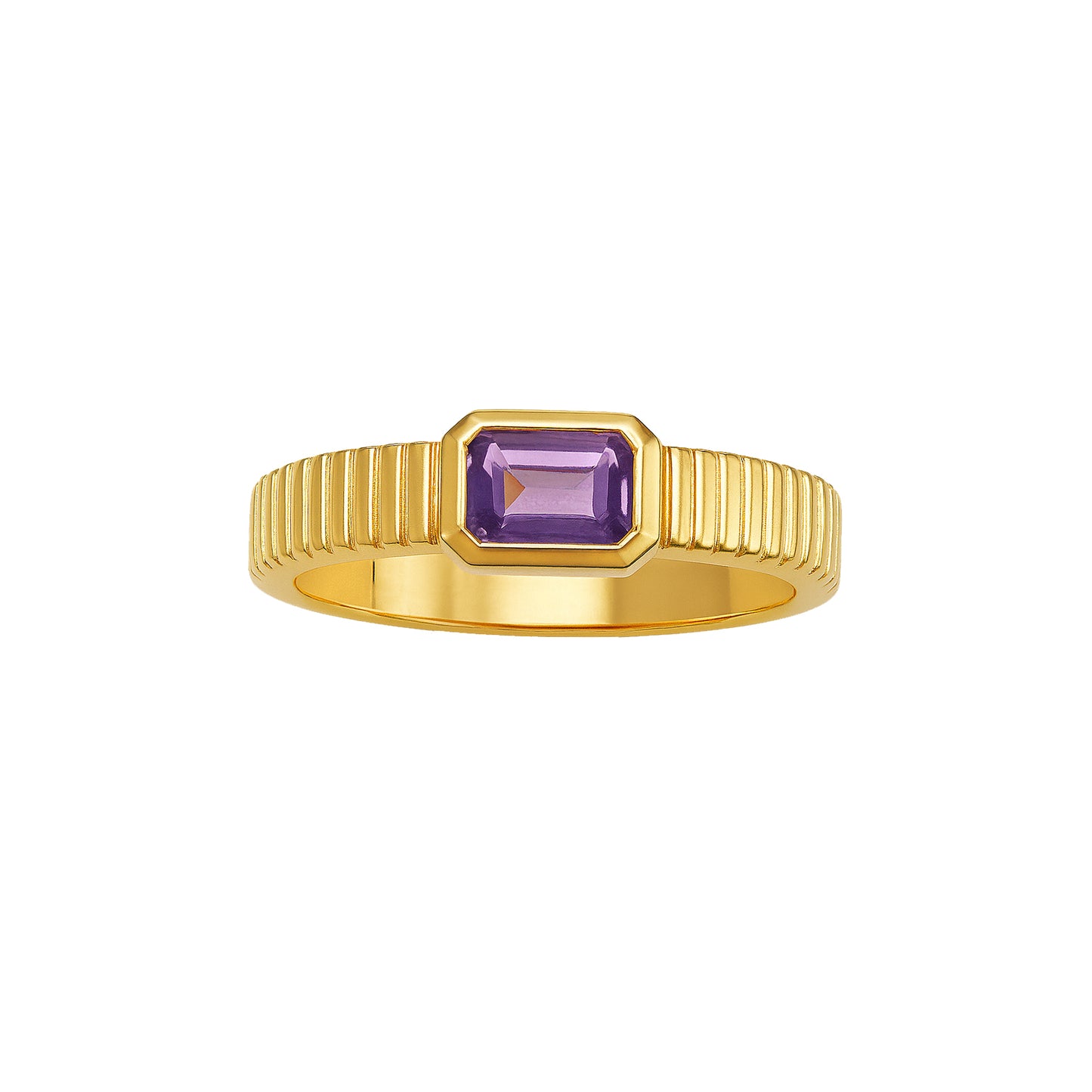 Gold ring with a rectangular purple gemstone on a white background