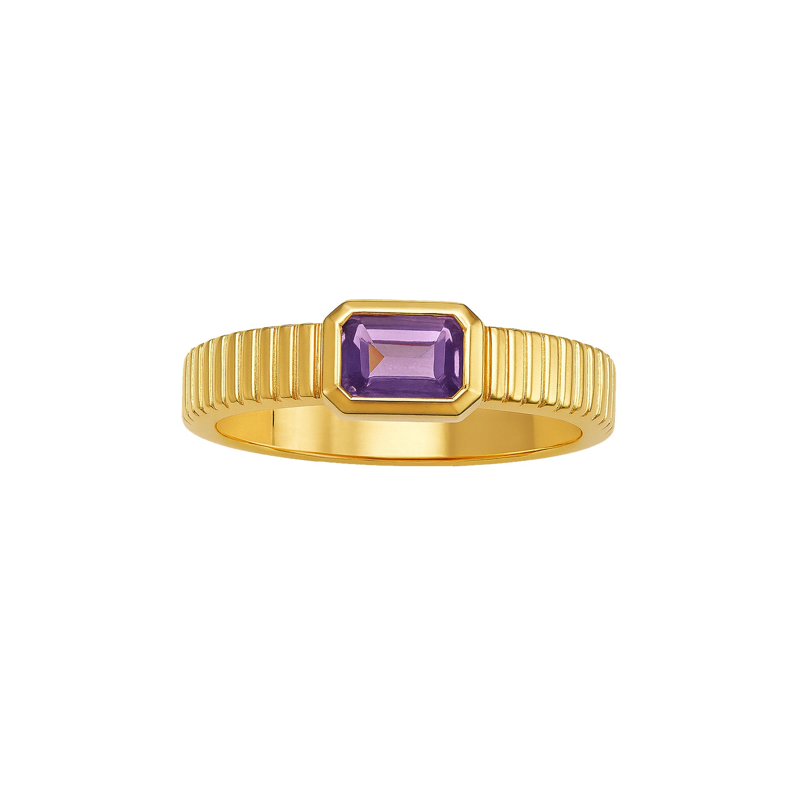 Gold ring with a rectangular purple gemstone on a white background
